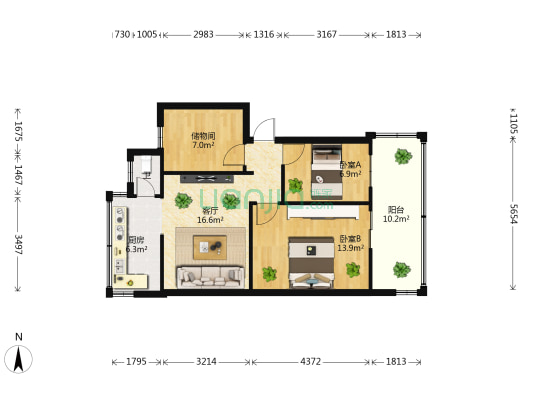虹山南路32号 2室1厅1卫 55平方