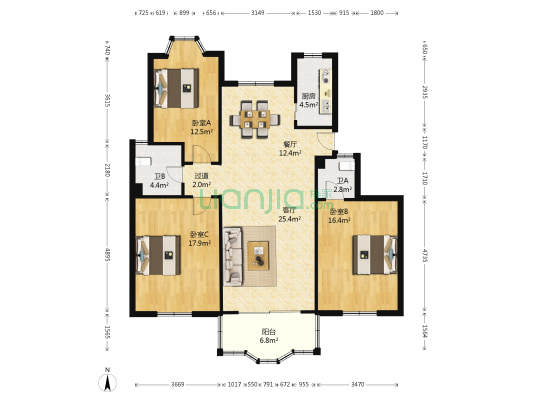 嘉景公寓 3室2厅2卫 116平方