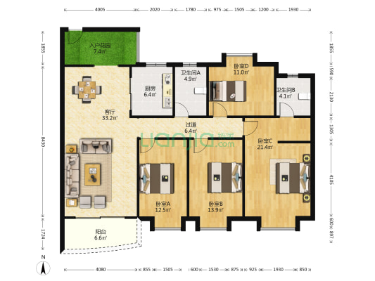 俊怡御景花园 4室1厅2卫 151平方