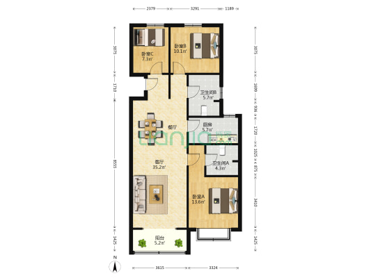 泰山华府 3室1厅2卫 126平方