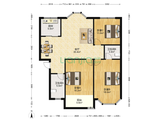 东洲花园望雪苑 3室1厅2卫 118平方