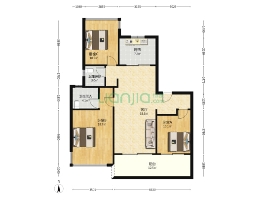 信达督府天承南区 3室1厅2卫 118平方