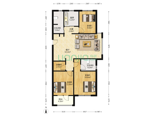 中海寰宇天下天冠 3室1厅2卫 122平方