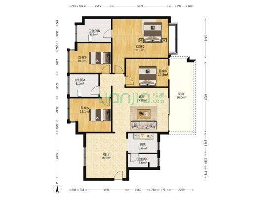 朝南康城 4室2厅3卫 145平方