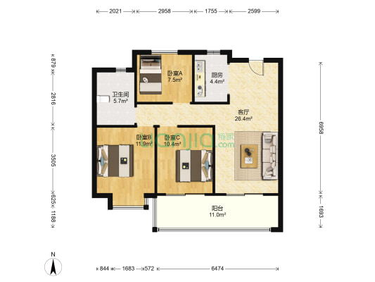 徽创君泊 3室1厅1卫 101平方