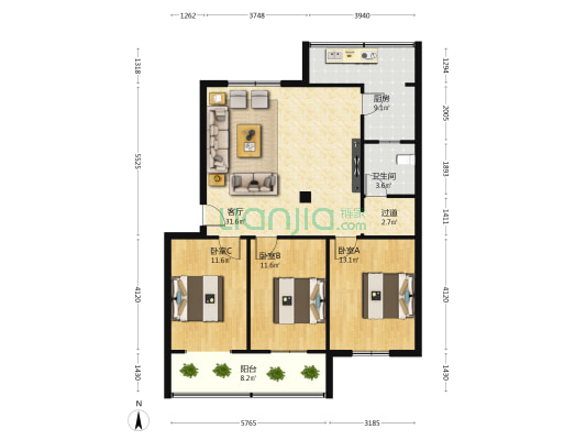 锅炉村职业学院家属院 3室1厅1卫 102平方