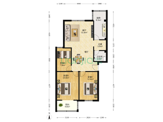 梨园小区 3室1厅1卫 104平方
