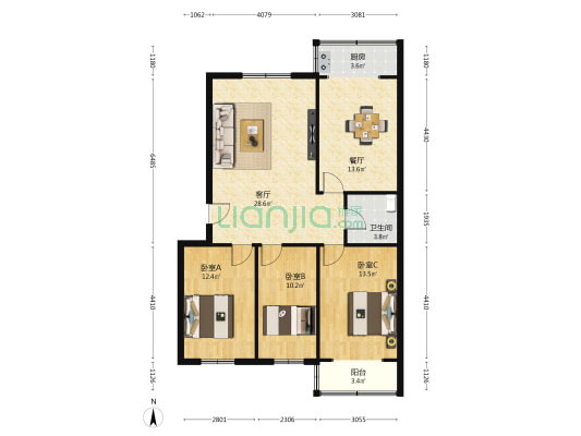 电力楼 3室2厅1卫 107平方