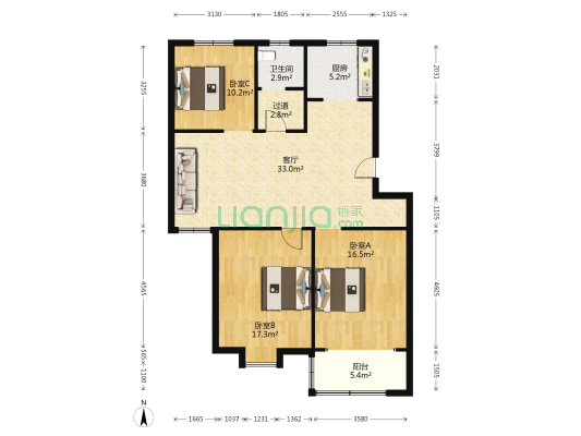 和达雅苑B区 3室1厅1卫 108平方