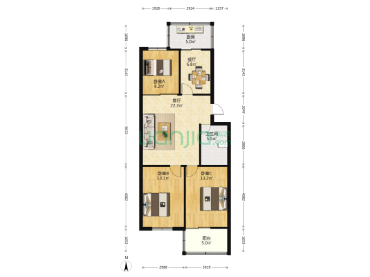 龙城129号院 3室2厅1卫 98平方