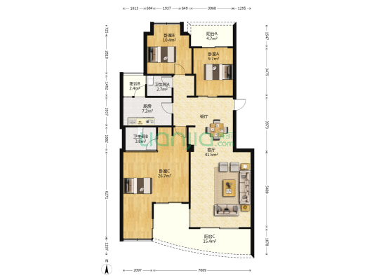 风景蓝水岸 3室1厅2卫 141平方