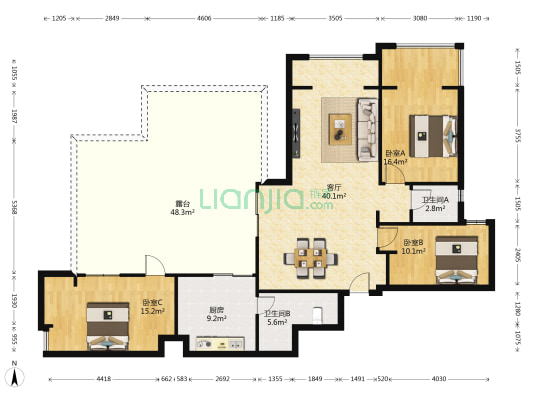 新都国际广场二期 3室1厅2卫 80平方