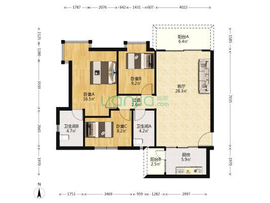 枫叶湾 3室1厅2卫 89平方