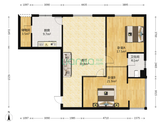 世茂茶亭俪园 2室1厅1卫 119平方