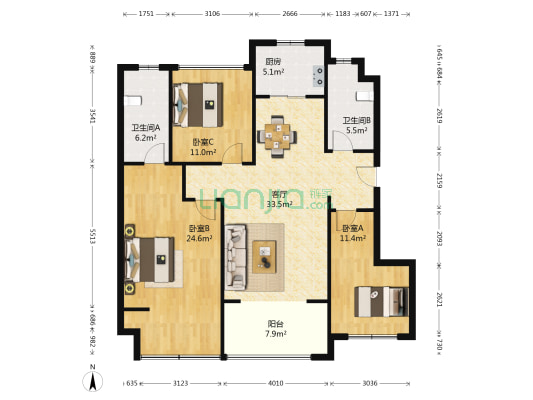 香漫雅园 3室1厅2卫 108平方