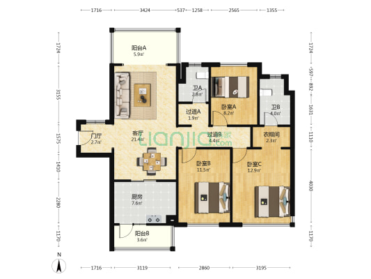 德商学府天骄城 3室1厅2卫 107平方