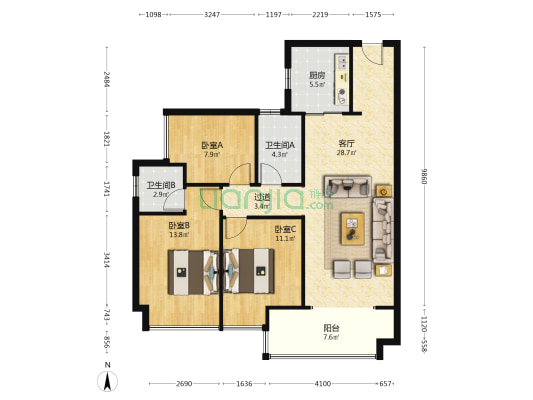泰丰枫林岸花园 3室1厅2卫 103平方