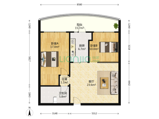 辰能大厦 2室1厅1卫 107平方