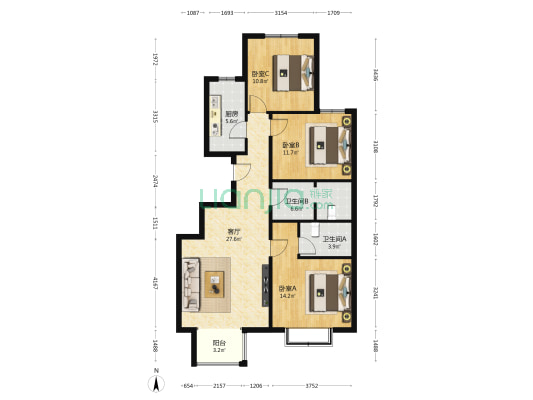 下坡屯家园三区 3室1厅2卫 109平方