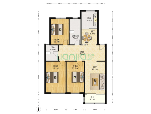 蠡明小区 3室2厅2卫 123平方