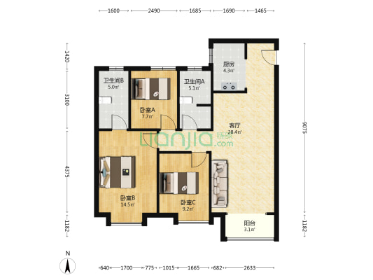 金辉云栖花园 3室1厅2卫 108平方
