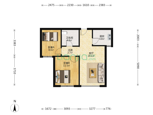 星海悦庭 2室1厅1卫 72平方