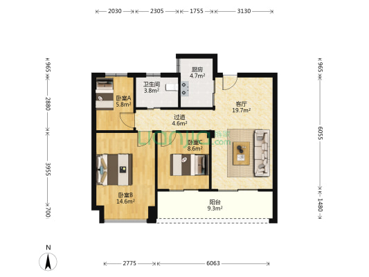 滨湖天地 3室1厅1卫 81平方