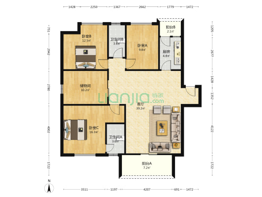 鸿富花园 3室1厅2卫 129平方