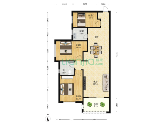 专家公寓 3室1厅1卫 92平方