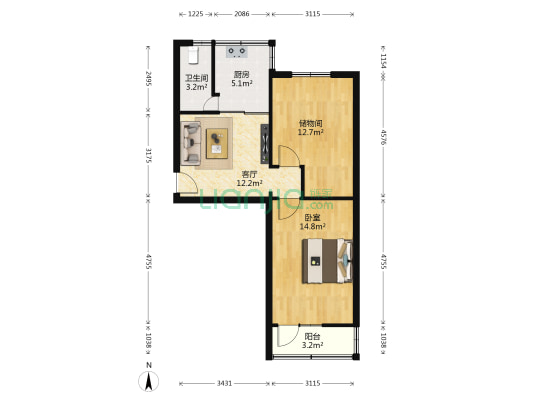 黄河沿小区 1室1厅1卫 54平方
