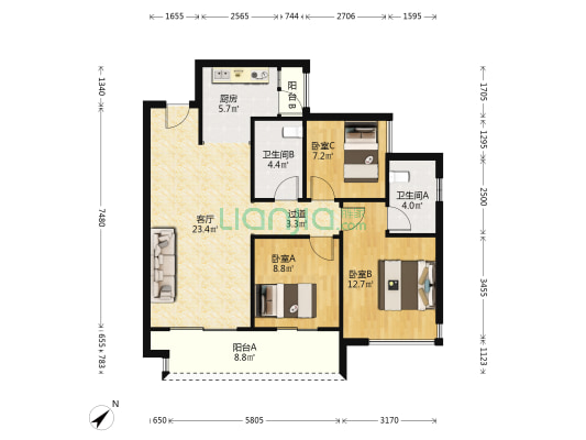 金科博翠天宸 3室1厅2卫 100平方
