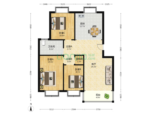 幸福里小区 3室1厅1卫 144平方