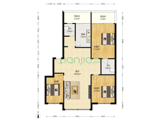 富民谊苑 3室1厅2卫 131平方
