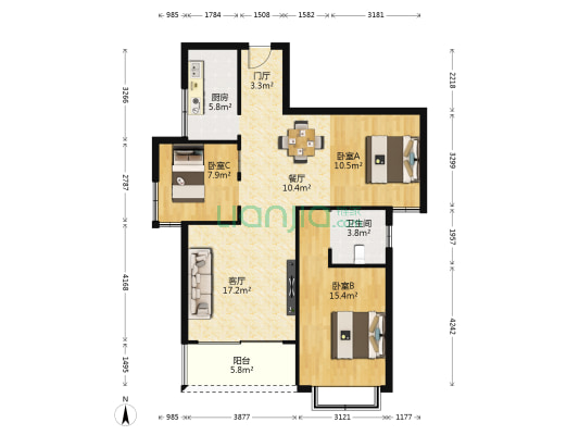 融冠亲城 3室2厅1卫 91平方