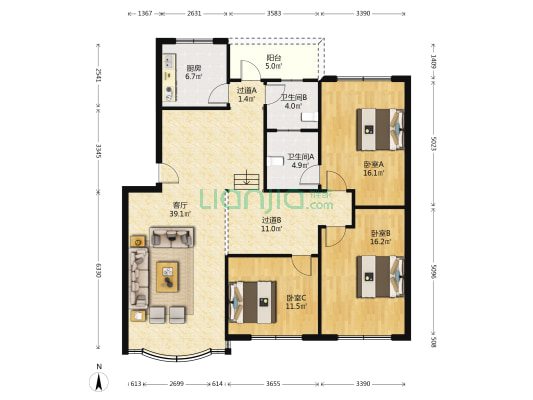 方正公寓 3室1厅2卫 138平方