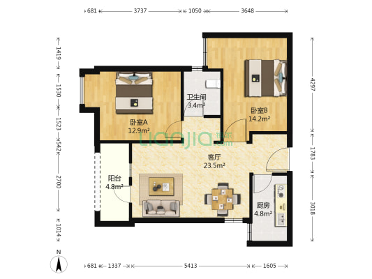 汇悦天地一二期 2室1厅1卫 85平方