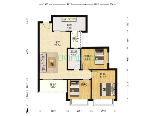 恒大南明御府 3室1厅1卫 97平方