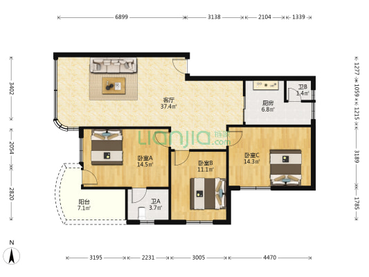 南方金属宿舍楼 3室1厅2卫 132平方