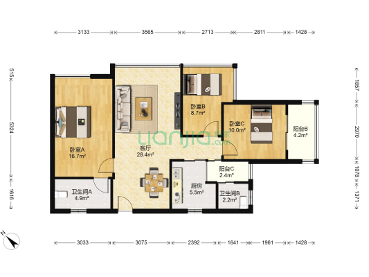 汉京确悦 3室1厅2卫 80平方