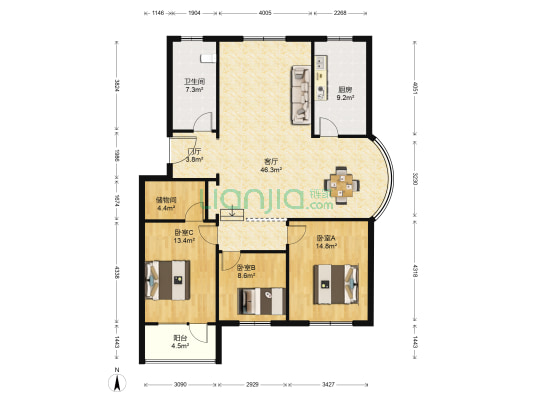 慧海园 3室1厅1卫 132平方