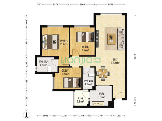 鹭湖宫六区C组团 3室1厅2卫 90平方