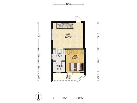 万科城市花园 1室1厅1卫 43平方