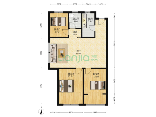 正仁中央公元 3室1厅1卫 108平方
