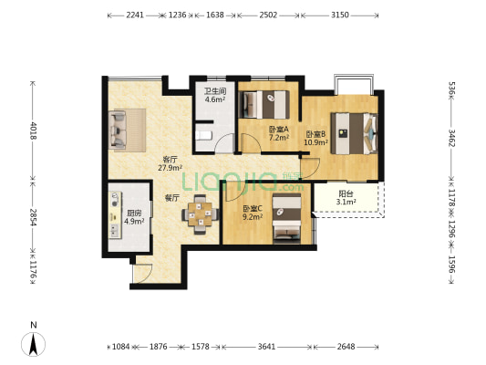 谷山乐园三期 3室1厅1卫 88平方