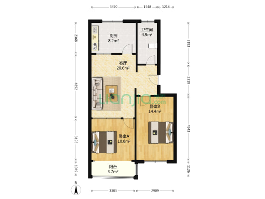 山兴花园 2室1厅1卫 56平方