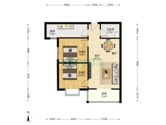 城市蓝湾 2室1厅1卫 84平方