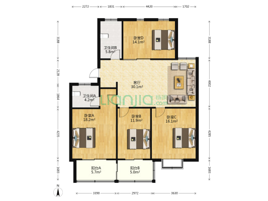 新盛小区 4室1厅2卫 130平方