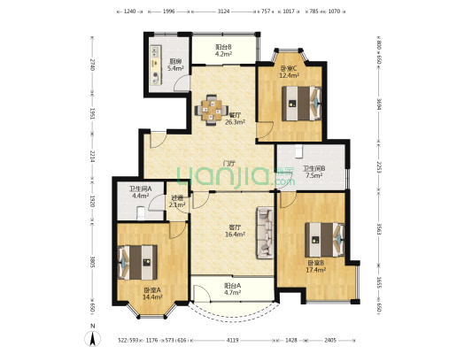 鑫龙苑 3室2厅2卫 148平方