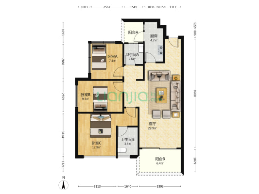 华策御水花园 3室1厅2卫 92平方