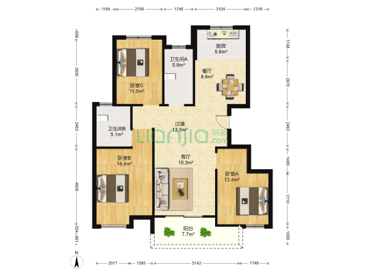 新城花苑北区 3室2厅2卫 126平方